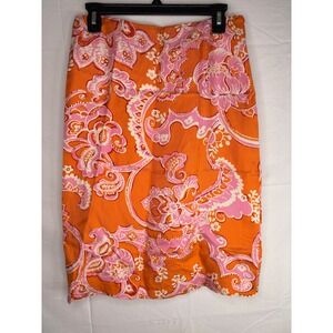 Y2K Ann Taylor Orange Pink Paisley 100% Silk Pencil Skirt Womens Size 8  Knee